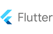 Flutter logo featuring a stylized blue geometric design on the left, next to the word "Flutter" in gray text, representing a popular cross-platform framework