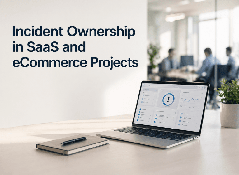 Incident Ownership in SaaS and eCommerce Projects Hyper-realistic office illustration for an article about incident ownership in SaaS and eCommerce projects, showing a calm IT workspace, blurred team collaboration, and an incident dashboard on a laptop