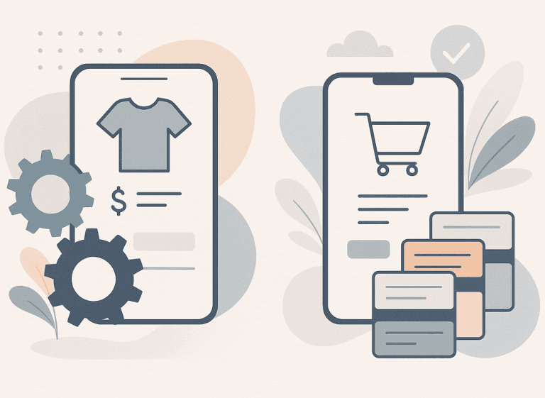 Custom vs Ready-Made Shopping Apps — Visual Comparison for Retail Flat-style illustration showing custom vs ready-made shopping app interfaces with abstract icons for eCommerce and B2B retail