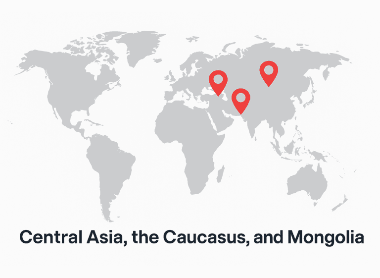 Map showing Indy Guide's travel marketplace service areas in Central Asia, the Caucasus and Mongolia with Laravel/Vue.js powered platform