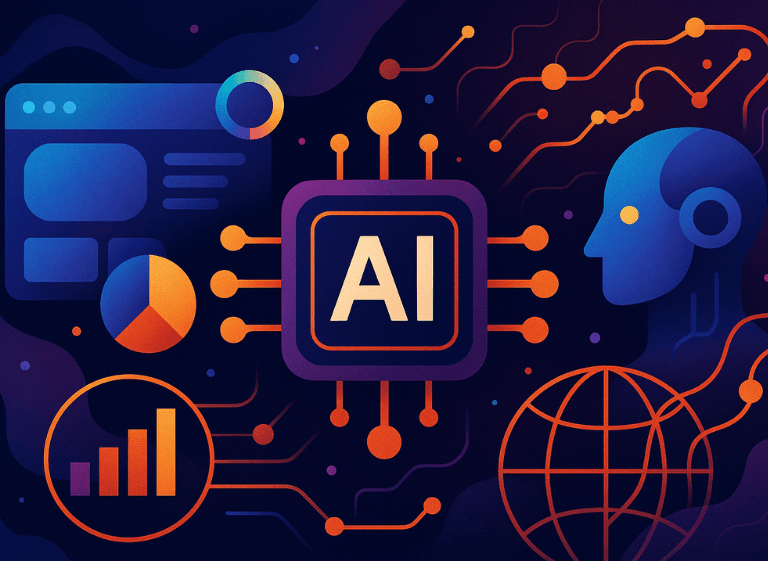 AI Web Development and Automation for Scalable Business Solutions Abstract illustration of AI web development showing neural networks, data charts, UX elements, and cross-platform integration