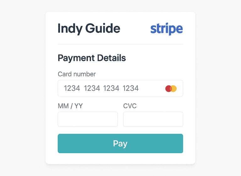 Screenshot of Indy Guide's payment form showing credit card input fields with secure Stripe integration for travel marketplace transactions