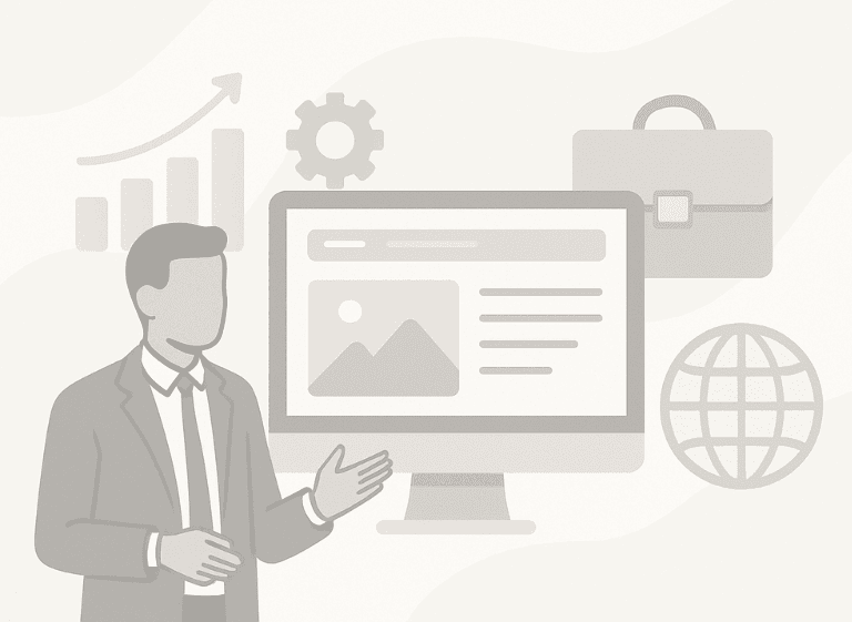 Businessman presenting scalable web project with content structure and SEO features