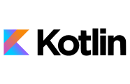 Kotlin logo featuring a colorful triangular design with gradients of orange, purple, and blue on the left, followed by the word "Kotlin" in bold black fon