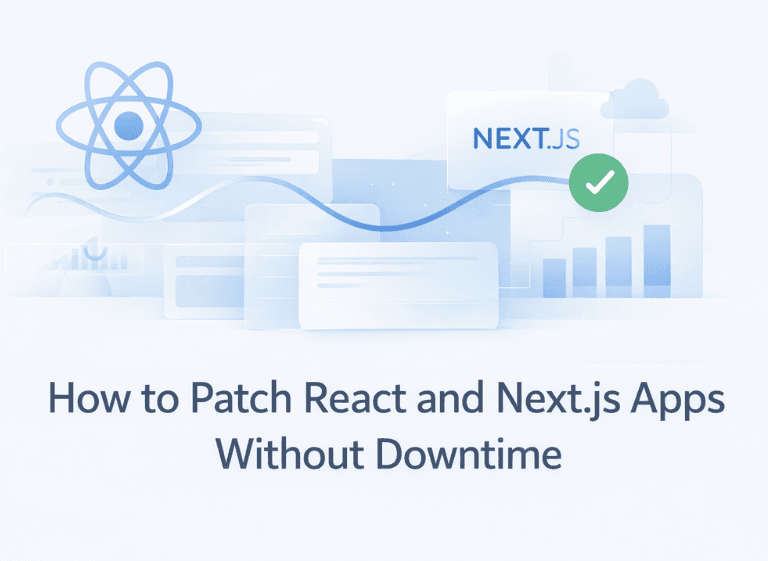 React and Next.js patching without downtime illustration Minimalist blog cover illustration about patching React and Next.js apps in production without downtime