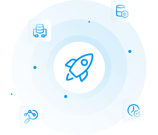 An icon of a rocket in the center, surrounding icons and blue color scheme with circular elements