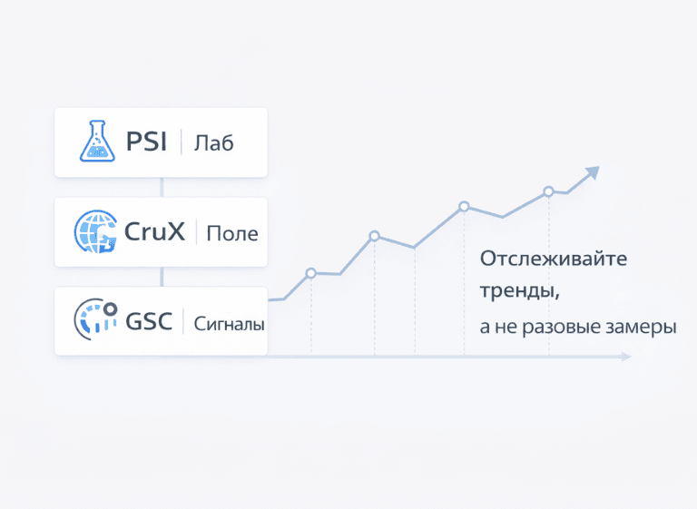 Инфографика: PSI (тестовые), CrUX (полевые), GSC (сигналы) и восходящий график с текстом «Отслеживайте тенденции, а не разовые замеры»