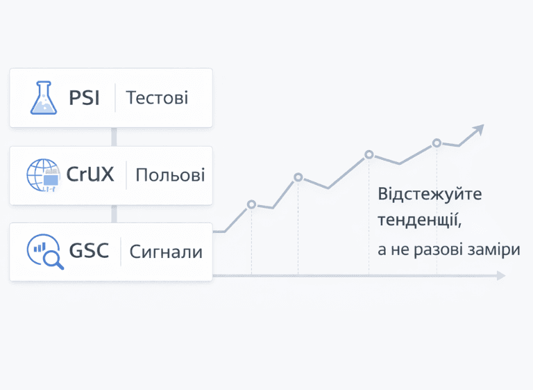 Інфографіка: PSI (тестові), CrUX (польові) та GSC (сигнали) для відстеження тенденцій продуктивності сайту