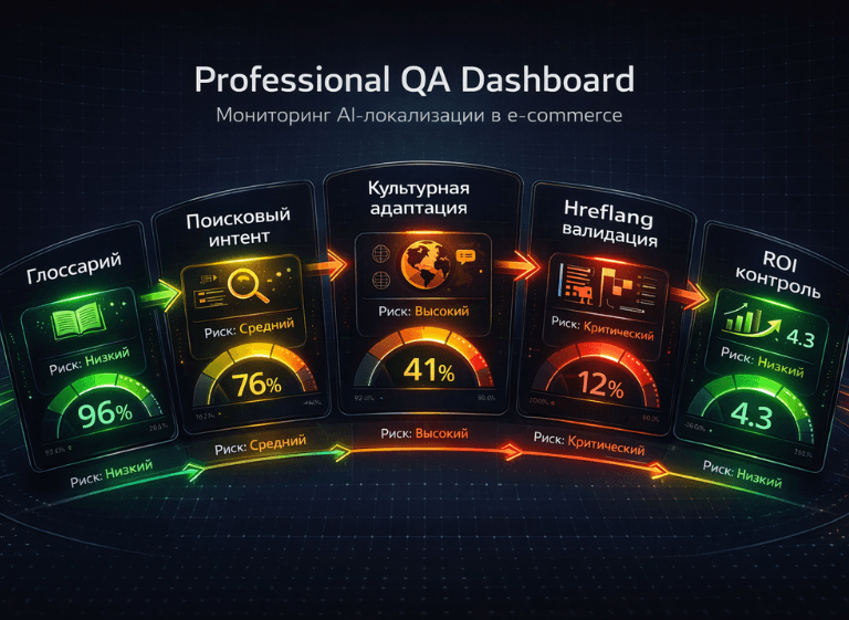 Профессиональная панель мониторинга QA для AI-локализации: 5-этапный workflow с метриками рисков от глосария до ROI-контроля в e-commerce