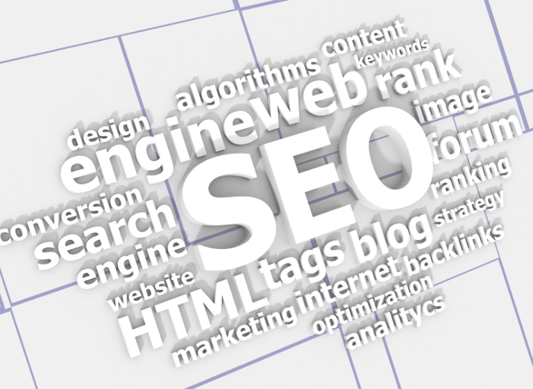 3D word cloud image with the term "SEO" prominently displayed at the center, surrounded by related terms