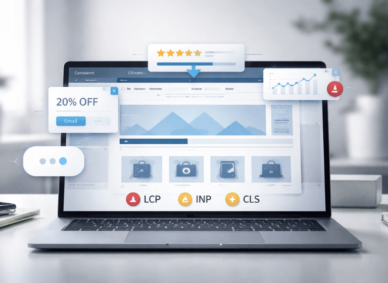 Third-Party Scripts and Core Web Vitals on CMS Sites Photorealistic blog cover showing a CMS or eCommerce website interface on a laptop screen with popup, chat, consent banner, analytics overlay, and Core Web Vitals indicators LCP, INP, and CLS
