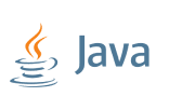 Java logo with an orange flame rising from a blue coffee cup and saucer on the left, next to the word "Java" written in blue text, all on a light background