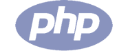 PHP logo featuring the lowercase "php" in bold white letters centered on an oval-shaped blue background, displayed on a light gray background