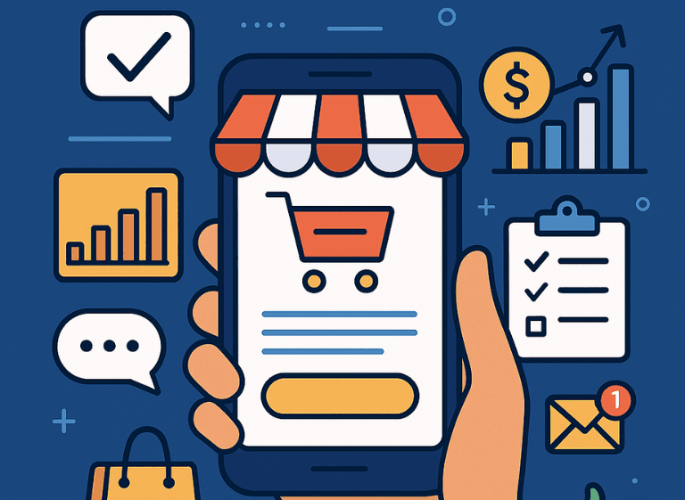 Mobile E-Commerce Management Tools for Online Store Owners Flat-style illustration of a hand holding a smartphone with an online store interface, surrounded by icons representing analytics, messages, orders, and sales growth