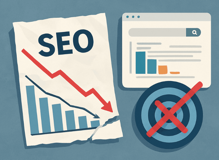 Illustration showing failed SEO strategy — declining chart, missed target, and poor website metrics. Why SEO Strategies Fail: Missed Goals and Declining Performance