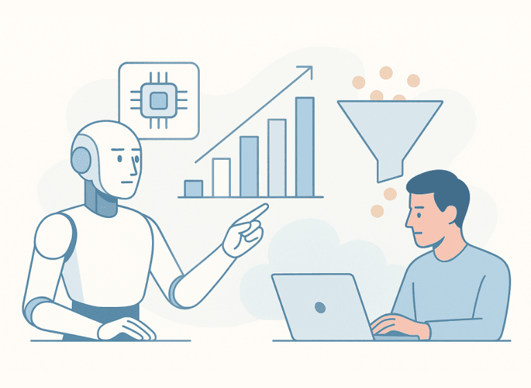 AI and Big Data in B2B Lead Generation AI B2B lead generation: robot helps sales professional analyse big data with funnel and growth chart