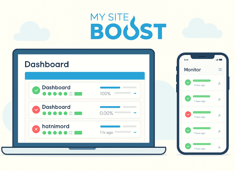 MySiteBoost dashboard showing website uptime and status checks for SEO monitoring
