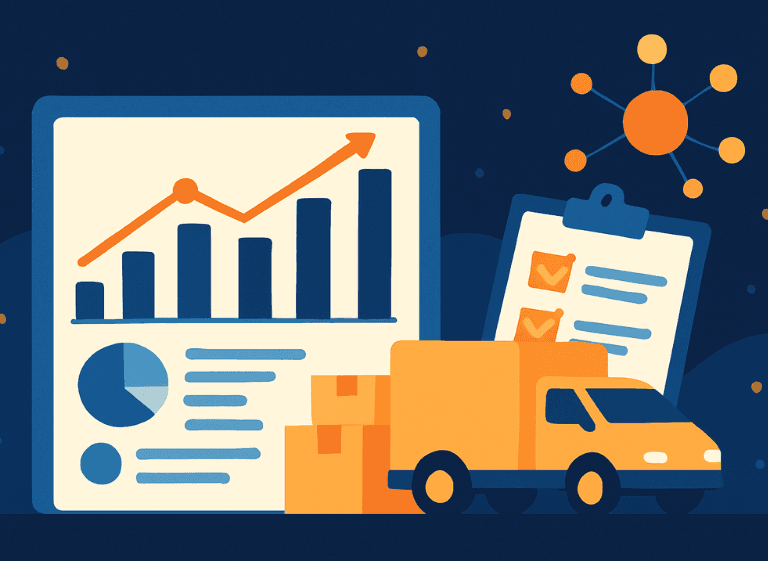 Data-Driven Logistics and Real-Time Analytics Visualization Illustration of data-driven logistics with charts, a delivery truck, and analytics symbols