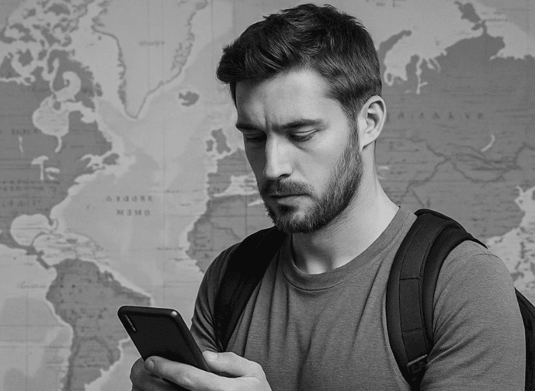 Traveler using smartphone to plan a trip against a world map background Young male traveler with a backpack using a smartphone in front of a world map