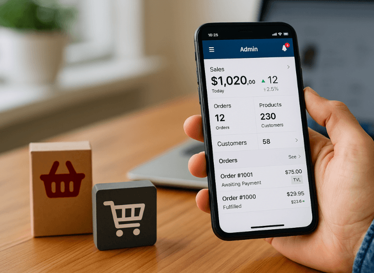 Mobile admin panel interface on phone for managing e-commerce store in real time Smartphone displaying mobile admin panel for e-commerce store management with sales and order tracking interface