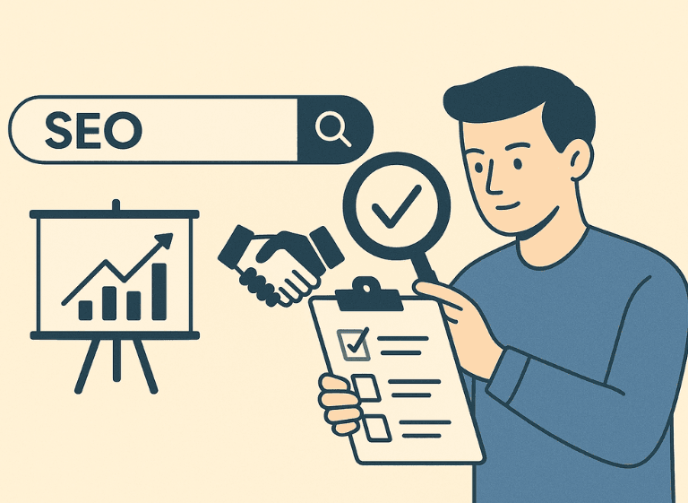depicts a man analyzing data about an SEO partner SEO attributes for partnerships