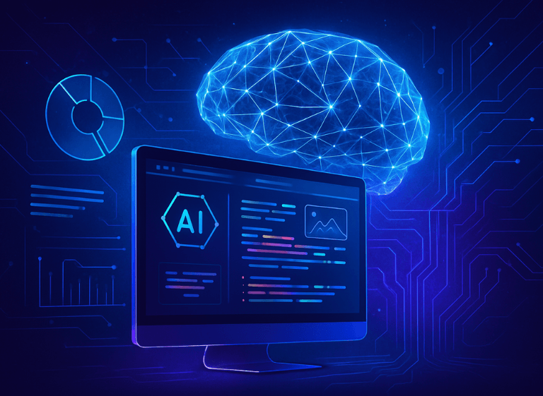 Generative AI in Web Development – Futuristic Visualization Futuristic illustration of a computer screen displaying AI code with a glowing neural brain network in the background, symbolizing generative AI in web development