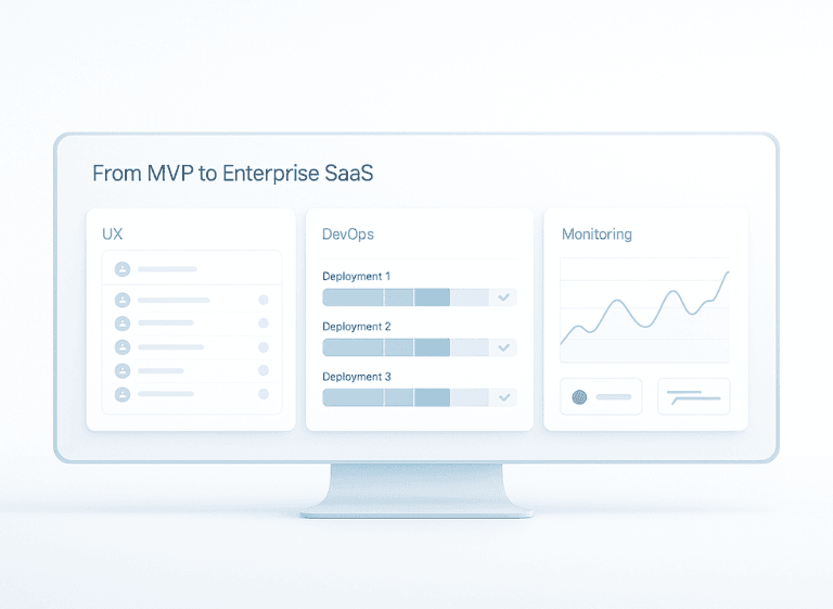 From MVP to Enterprise SaaS – UX, DevOps and monitoring dashboard illustration Minimal SaaS dashboard illustration showing UX, DevOps pipelines and monitoring charts with the title “From MVP to Enterprise SaaS” on a widescreen display