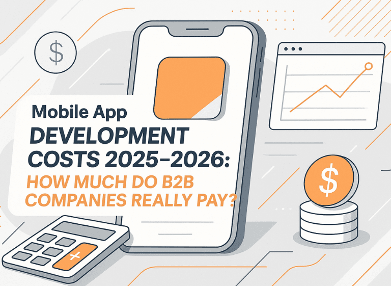 B2B Mobile App Development Costs 2025–2026: Real Budget Insights Illustration of mobile app development cost breakdown for B2B companies in 2025–2026, featuring a smartphone, pricing icons, and financial charts
