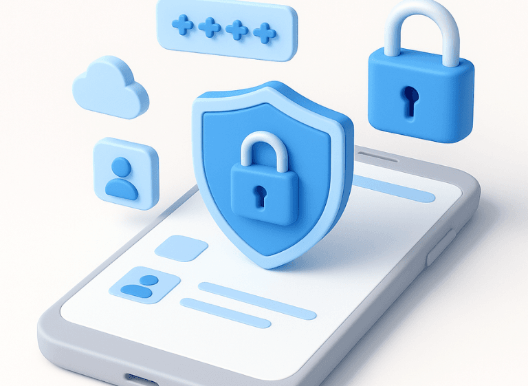 3D illustration of a smartphone with security icons including a shield with a padlock, a cloud, a user profile, and password symbols, representing app security architecture